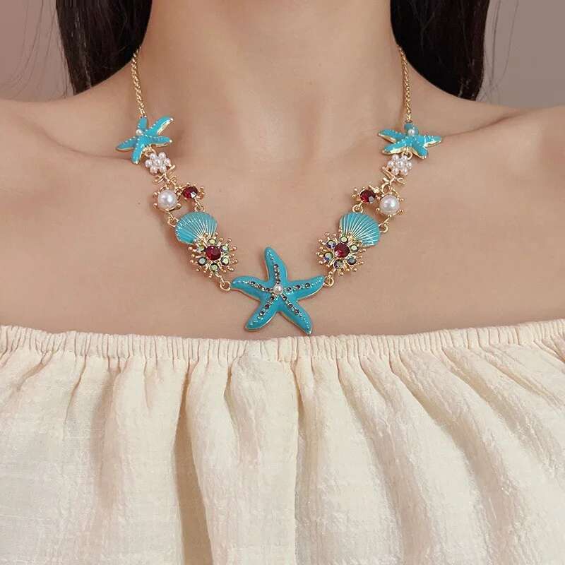 Bohemia Multi-Color Starfish Shell Shining Rhinestones Pendant Necklace Bracelets Set Beach Jewelry