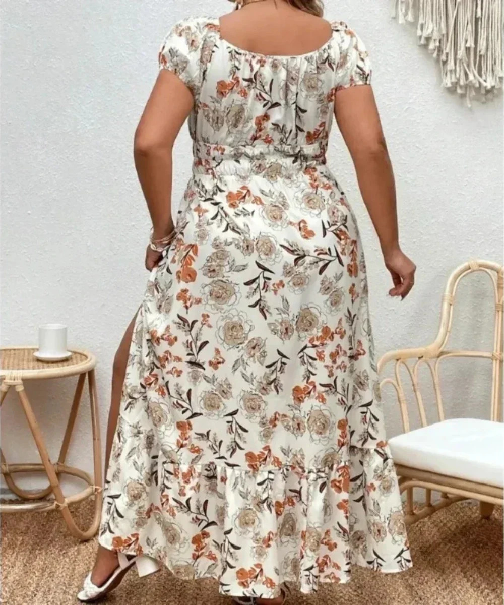 Suitable for outdoor white floral casual dress plus size womens floral elegant loose summer outfit fob 250425