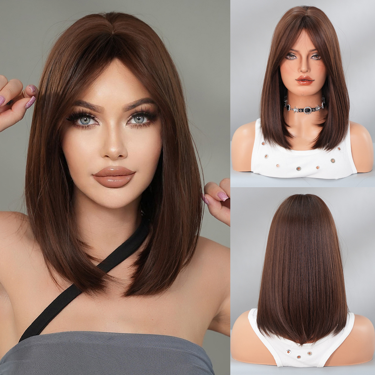 women Wig shoulder length straight hair gradient gold side split eight character bangs natural synthetic full head cover