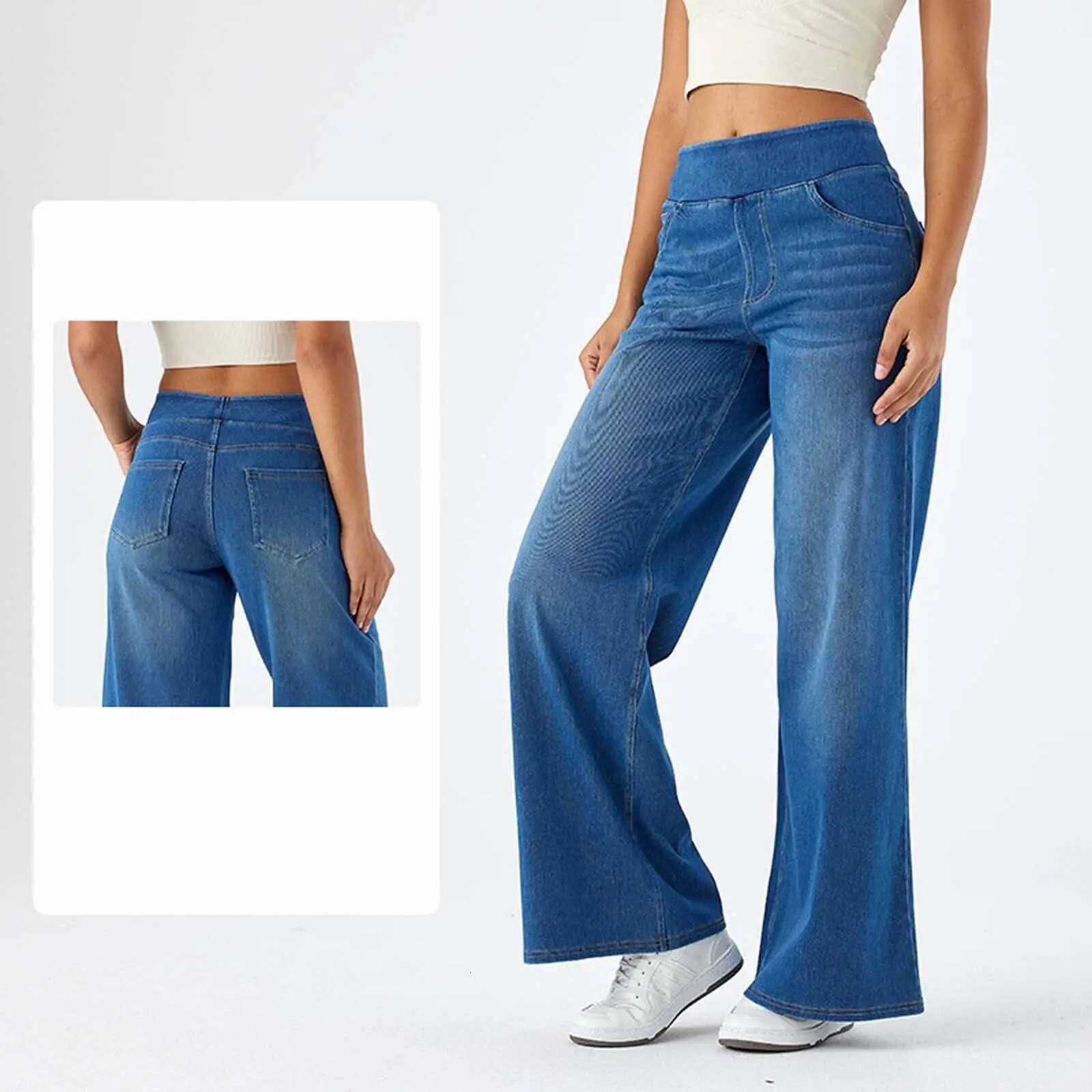 Women Denim Pant Wide Leg Long Pants Y2k Streetwear Elastic Waist Straight Trousers Elegant Mom Jeans Temperament Casual