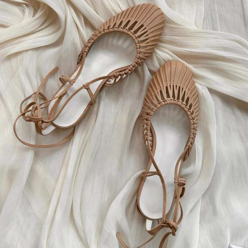 Fashion Round Toe Lace up High Heels Hollow Casual Roman Fisherman Shoes Ankle Strap Women Flats