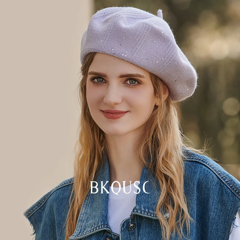 Fashion sequined velvet knit beret womens spring and winter hats warm and soft wool knit elegant artist beret 250430
