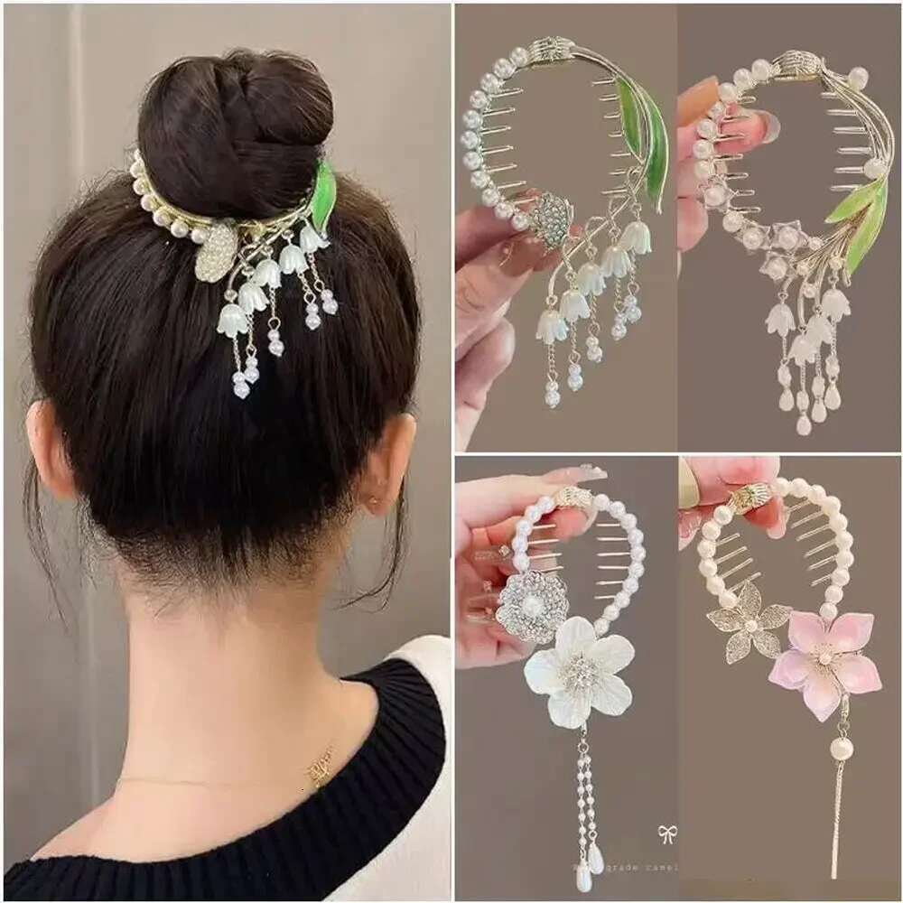 Flower Tassel Clip Women Ladies Butterfly Rhinestone Pearl Metal Claw Round Bun Ponytail Holder Hair Accessories