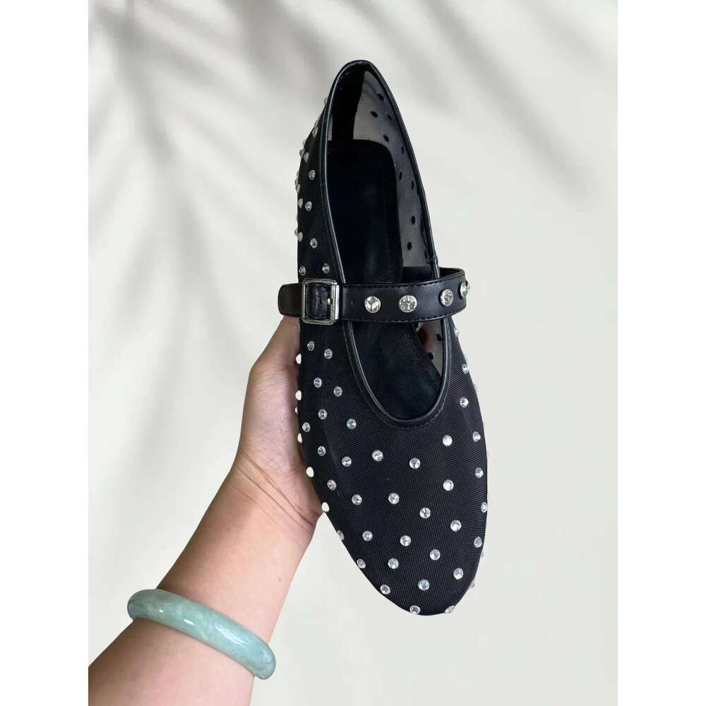 Breathable Flats Shiny Rhinestone Round Casual Shoe Elegant Buckle Soft Comfortable Sandals Women Shoes