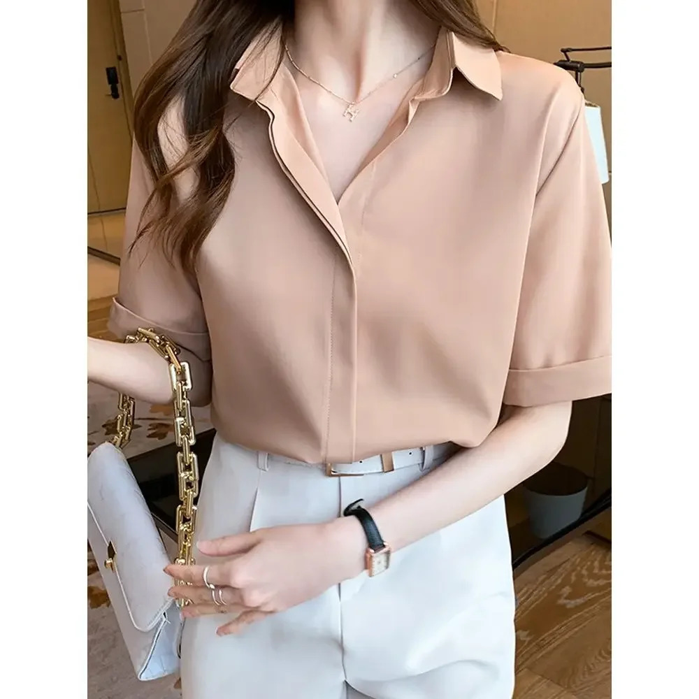 Black shirt womens summer slim fit n sensual niche chiffon top 2023 short sleeved professional white 250422