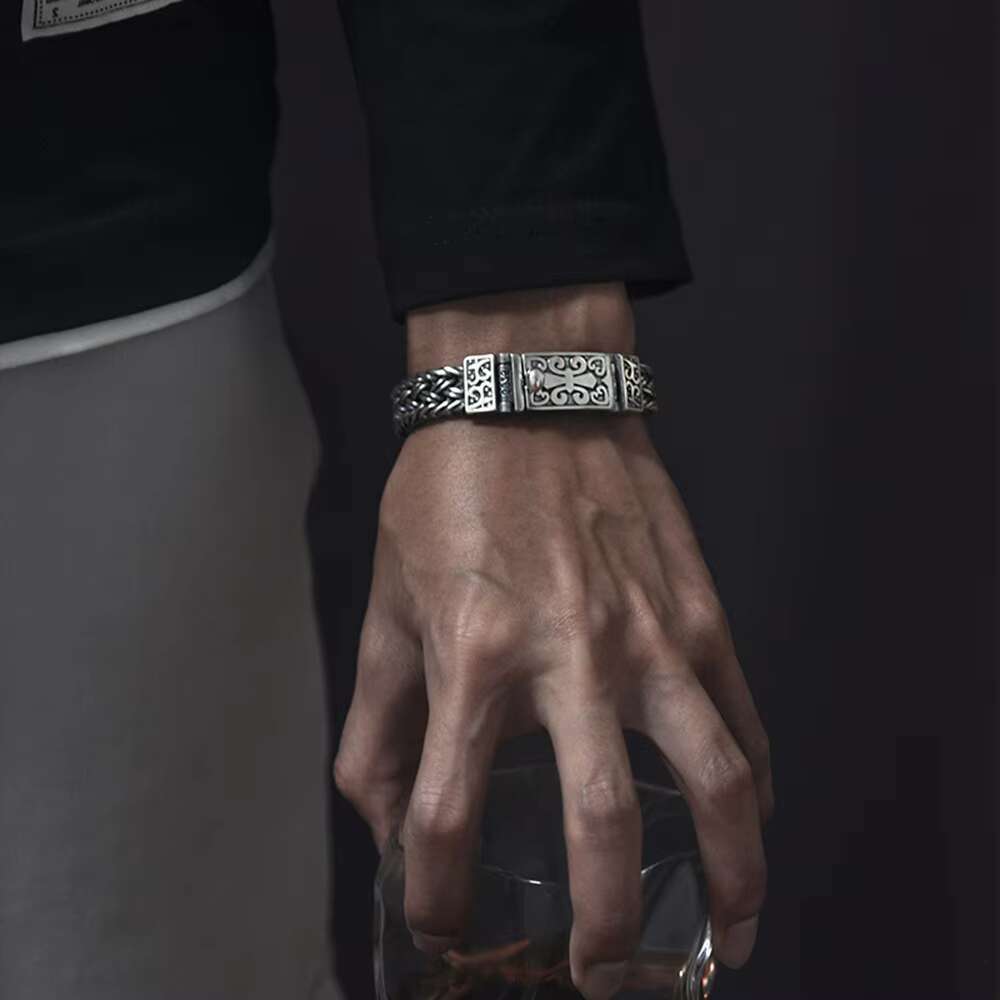 S925 Sterling Silver Wide Woven Bracelet Mens Vintage Large Buckle Pattern Punk Hip Hop Bracelet Jewelry