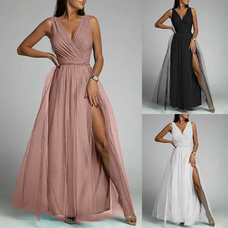 Elegant solid color sparkling party dress womens warm V-neck lace mesh seam long dress evening dress womens vest W250430