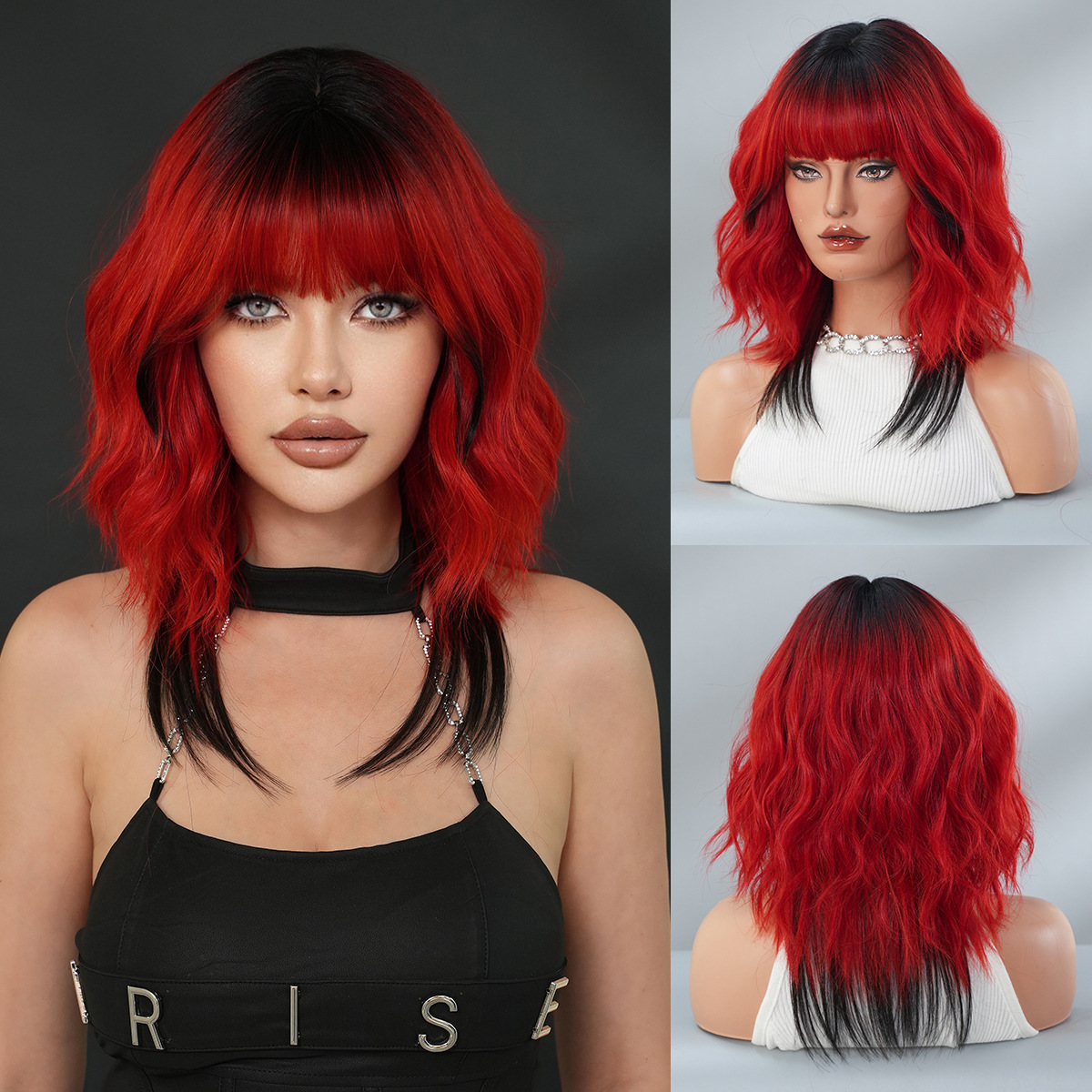 red Green orange colored wolf tail wig fashionable shoulder length womens curly hair synthetic high-temperature silk wig