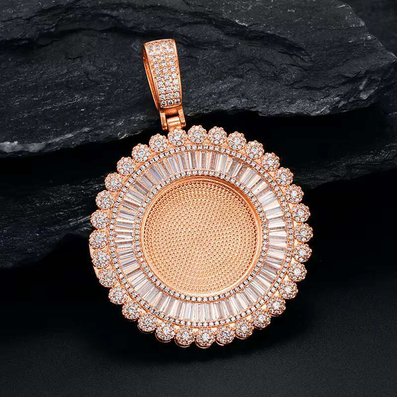 Baguette Memory Photo Pendant Hip Hop Iced Out AAAAA CZ Diamond Photo Custom Pendant Punk Round Diy Sublimation Memory Pendant