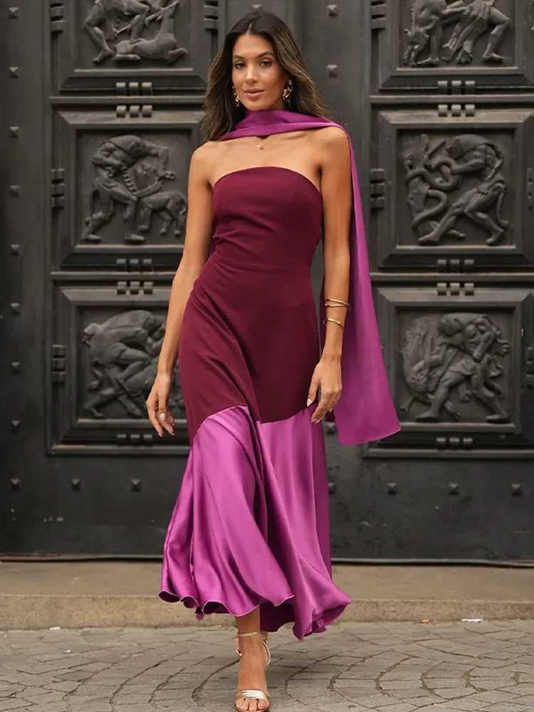 Sexy satin patchwork dress without back womens elegant sleeveless slim fit dress with scarf 2025 womens party dress W250430