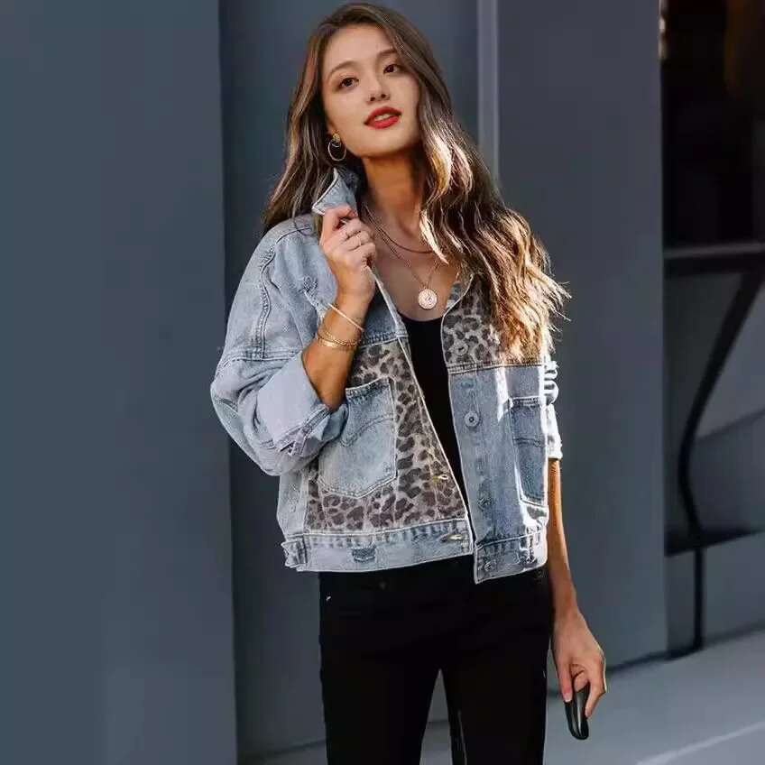 Cross-Border Jacket Long Sleeve Standalone European and American Style Denim Coat Women's Leopard Printed