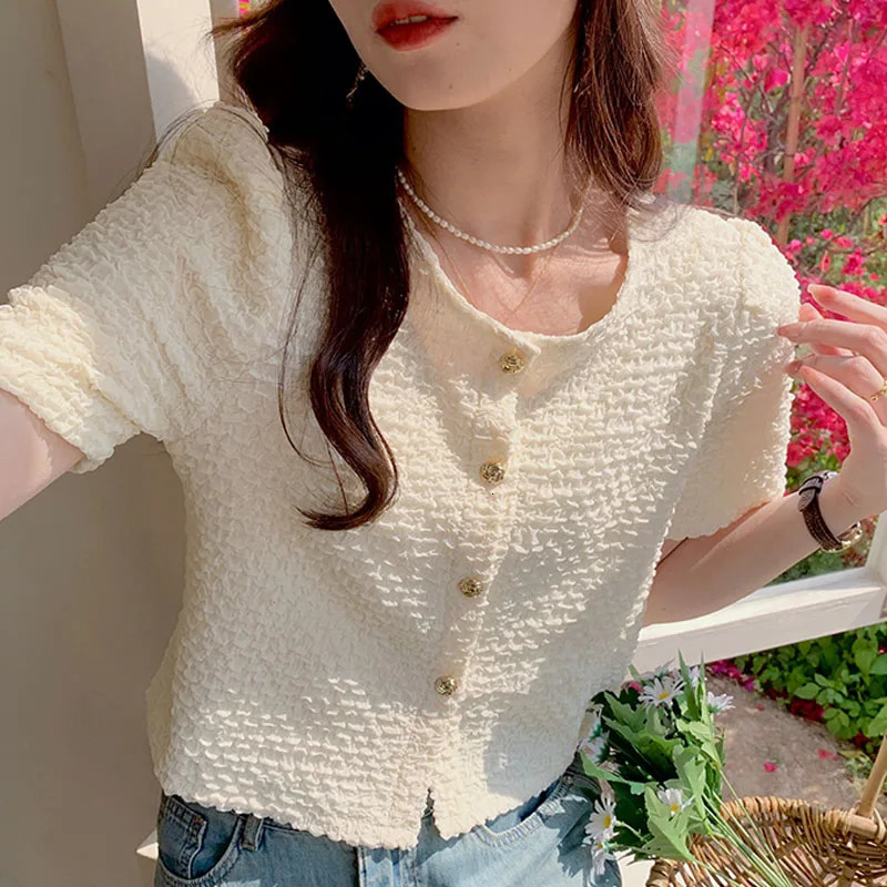 Summer Short sleeved Oneck Womens Shirt Sweet White Top 2025 Blusas Para Mujer Blusa XL183 250422