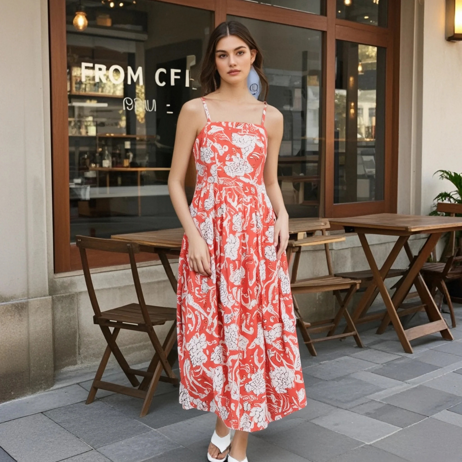 PB ZA 2025 Womens Spaghetti Strap A - Line Midi Dress with Coral and White Floral Print for a Charming Summer Look 250428