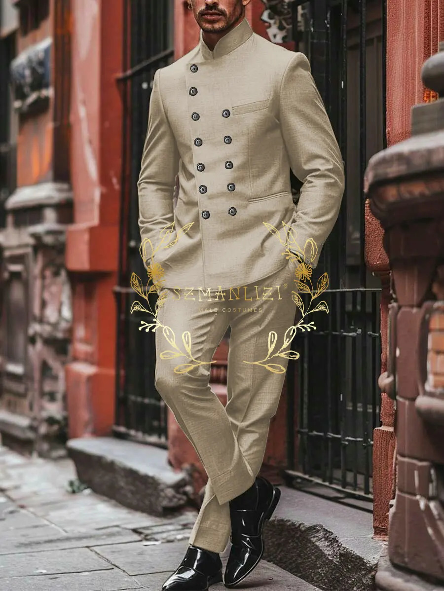 Light Grey Mens Ball Set Double Chest Stand up Collar Slimming Wedding Dress Fashionable 2piece Jacket Pants 250428