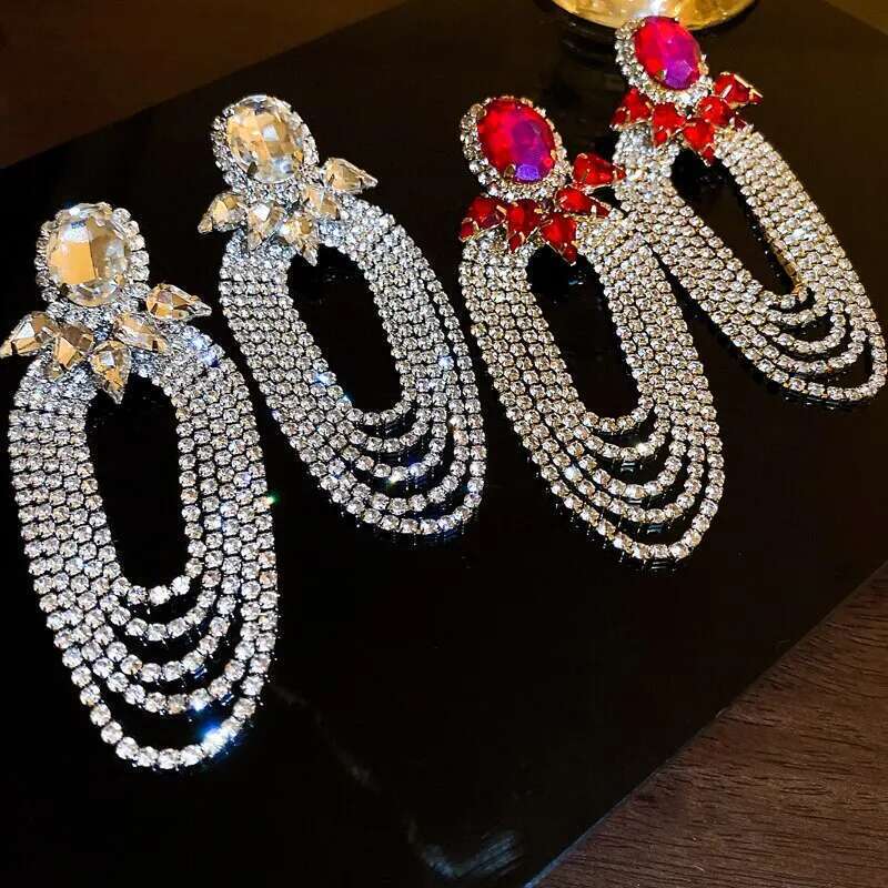 Exaggerated Full Rhinestone Drop Earrings Women Shiny Long Tassel Earings Europe And American Jewelry For Party Wedding