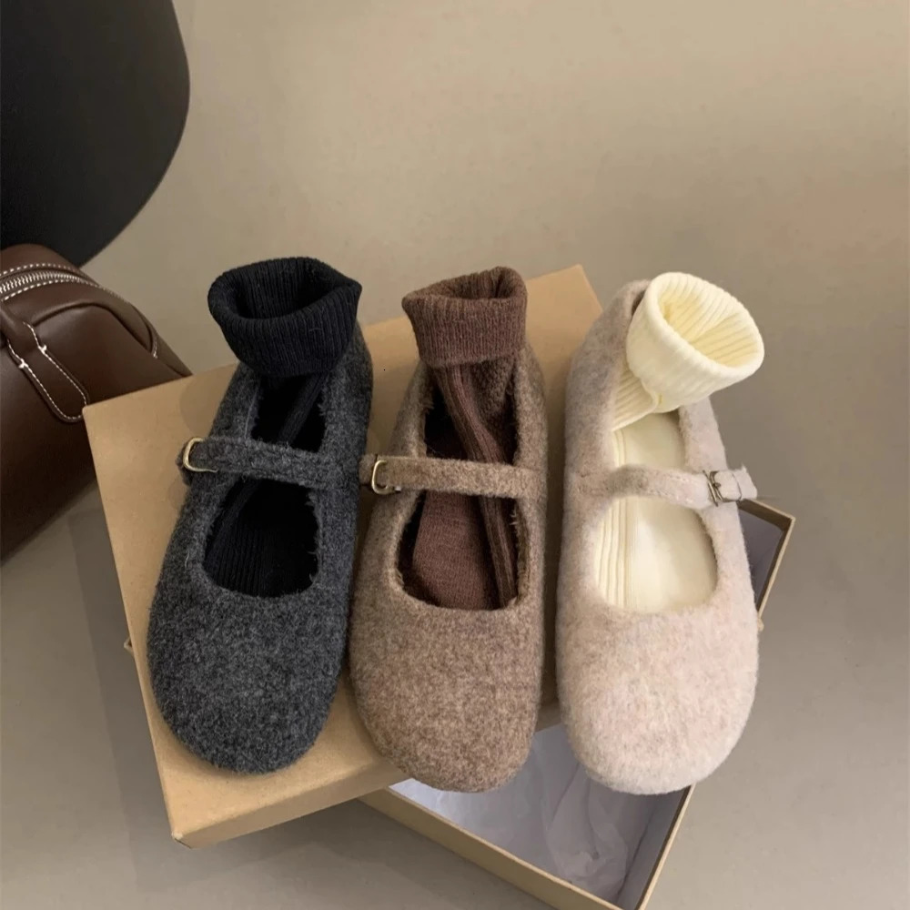Fashion Square Toe Wool Ballet Apartment Womens Winter Warm Wool Mary Jane Shoes Womens Elegant Plush Coat 250425