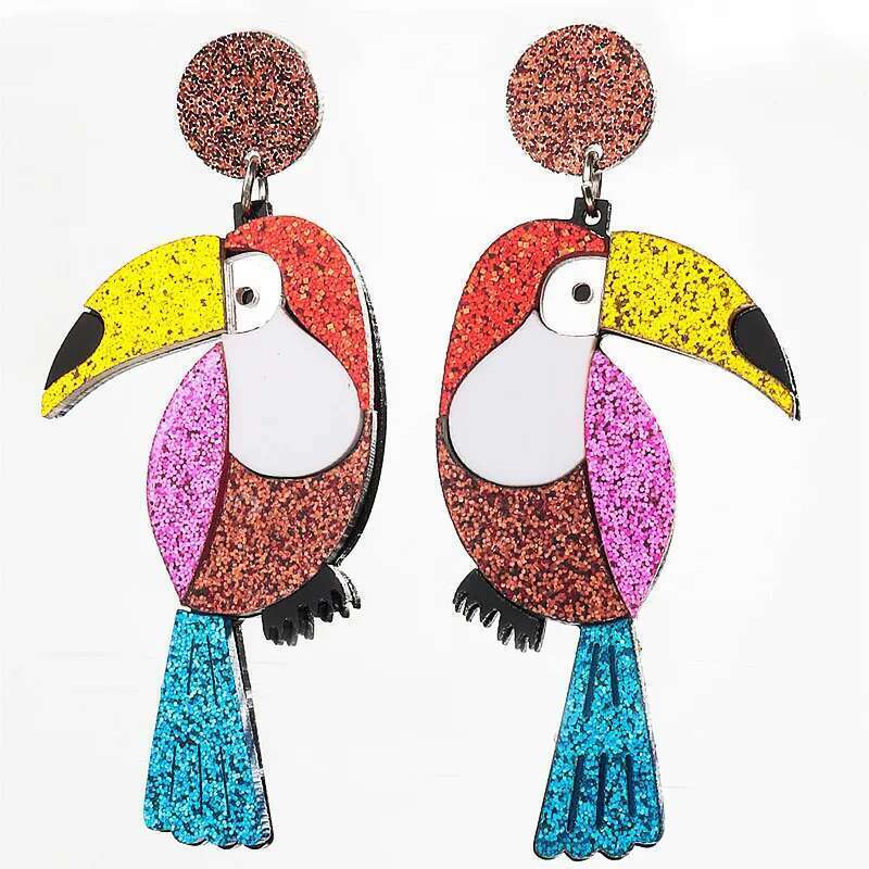 Lovely Glitter Acrylic Spliced Parrot Dangle For Women Creative Colorful Animal Birds Earrings 2024 Trend Jewelry