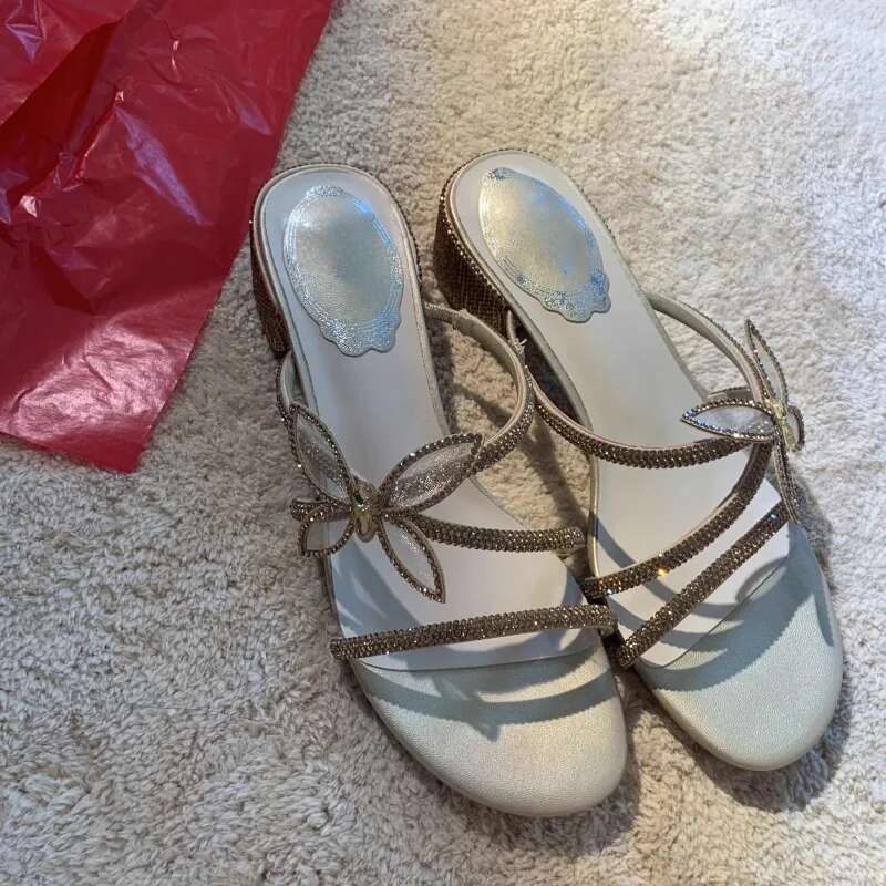 New Open Bow Knot Slippers Fashion Outdoor Fine Heel Ladies Mules Slingback Women Sandals Rhinestone Party Shoes