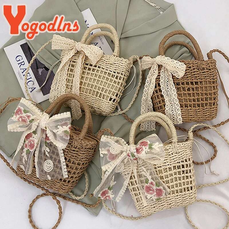 Floral Embroidery Bow Decor Straw Woven Hollow Shoulder Bucket Holiday Beach Summer Crossbody Bag Handbag