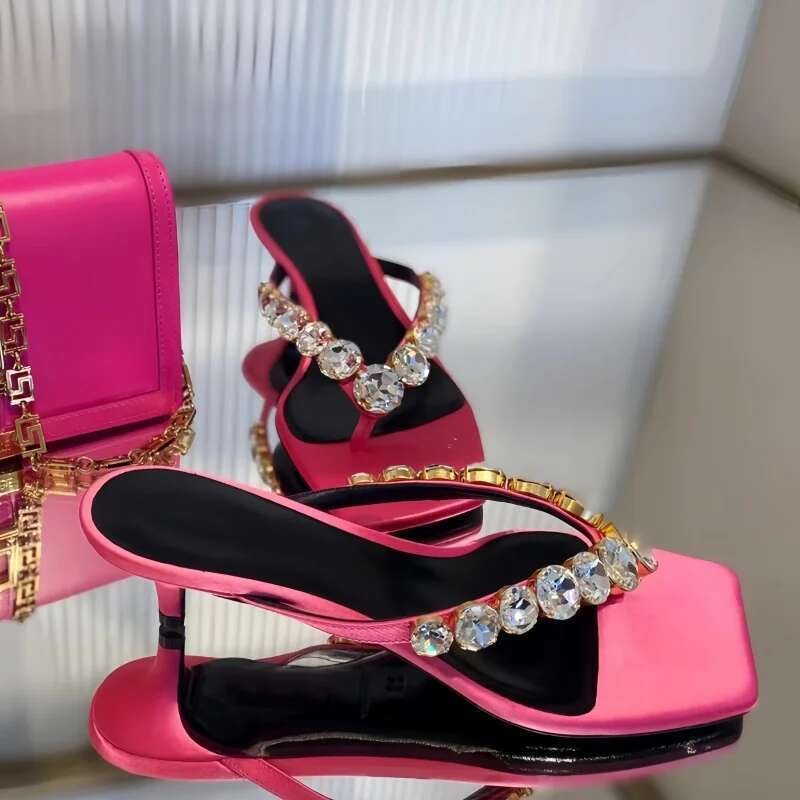 Rhinestone Slippers Kitten Heel Flip Flops Fashionable Versatile High Heels Women Outdoor Comfortable Casual Shoes