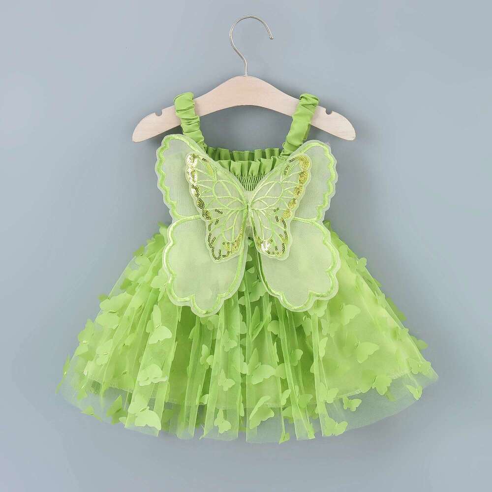 Girls' New Summer With Large Wings On The Back Drawstring Waist Mesh Colorful Butterfly Princess Dress Party