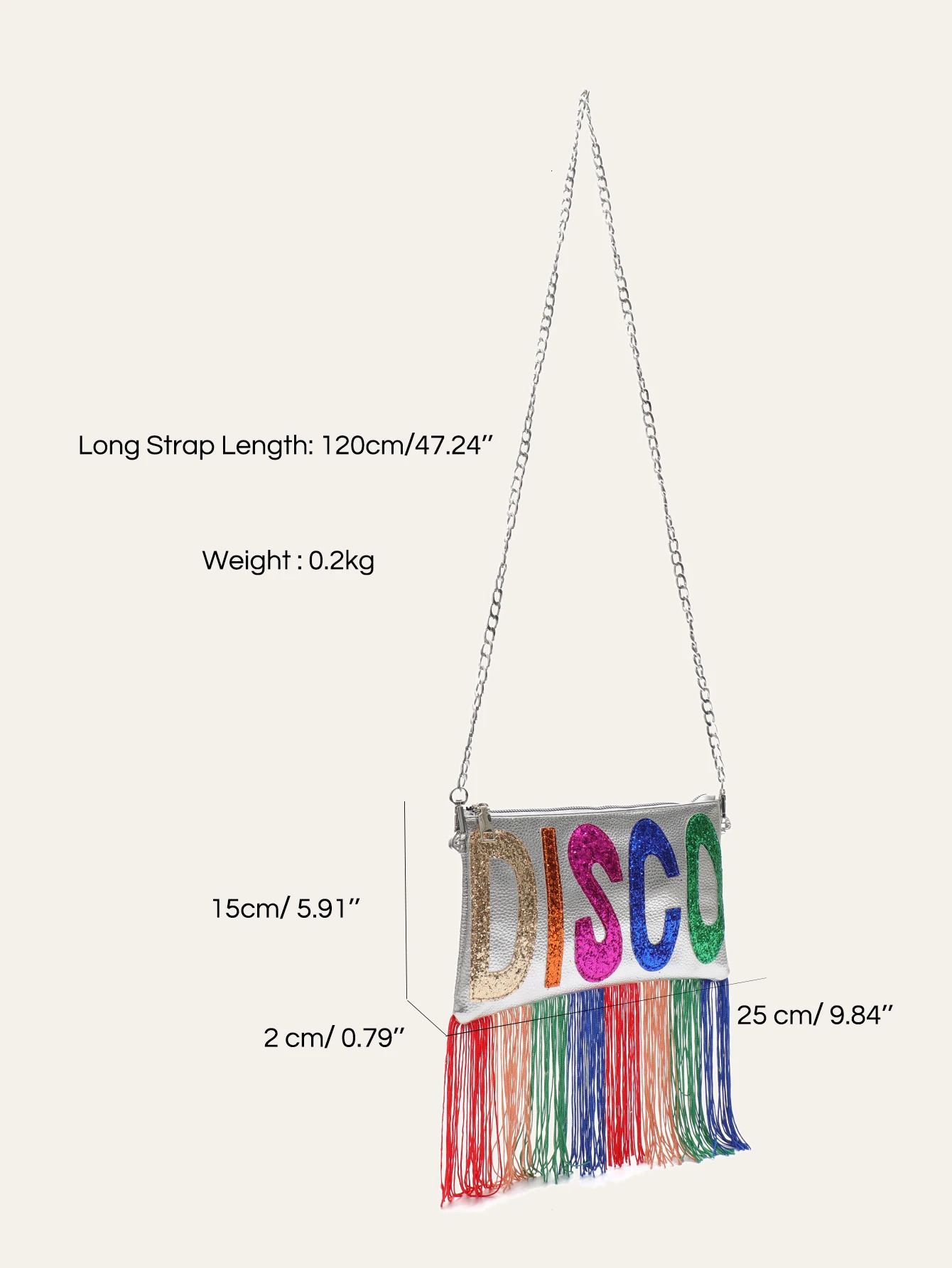 Womens metal PU leather clutch bag fashion sequin letter color tassel edge square long chain ten letter date 250425