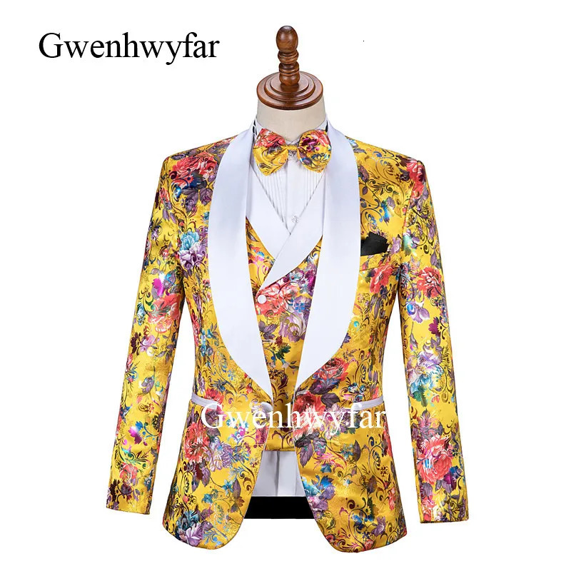 Gwenhwyfar mens double chest vest tailcoat customized floral jacquard gold suit wedding party costume 3piece set 250428