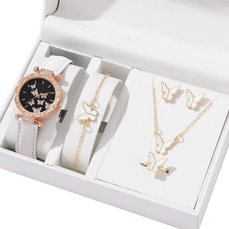 Butterfly Jewelry Set (Without Box)Women Watches Female Leather Watch Rings Necklace Earrings Bracelet Wedding Gift