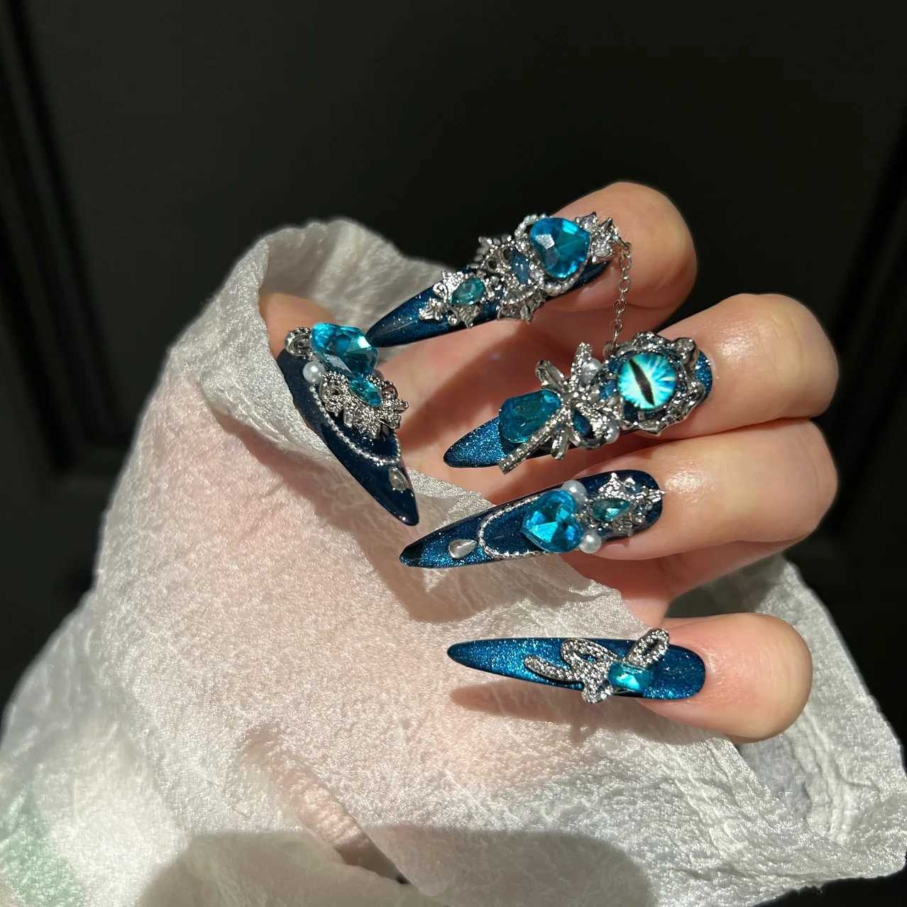 Bianas original handmade wearable cat eye nail art premium blue press nail H25429