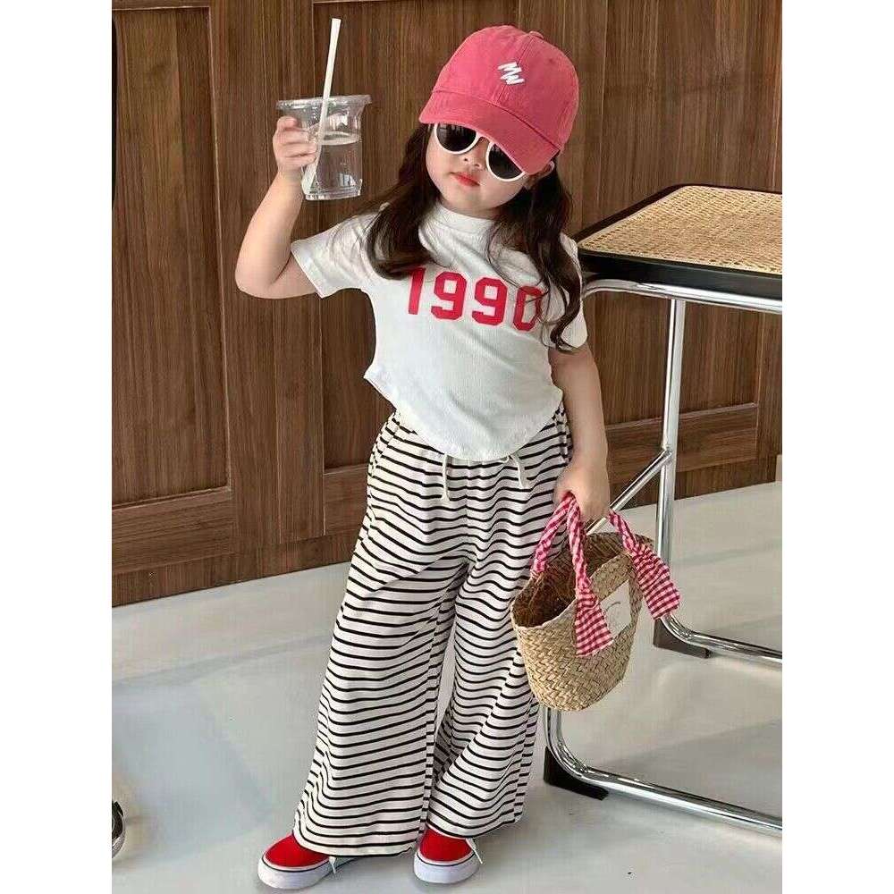 2024 Western Style Irregular Short Sleeved T-Shirt Striped Wide Legged Pants Korean Complete Of Girls Summer Set