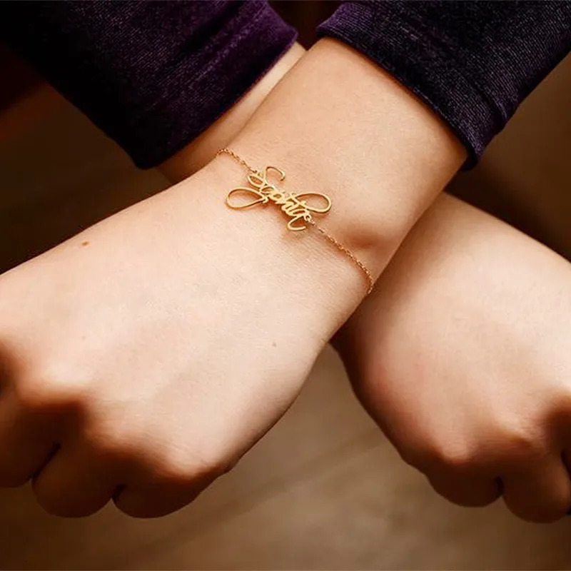 Cursive Script Name Bracelet Rose Gold Chain Hand Link Custom Name Bracelets For Women Jewelry Personalized Pulseras Mujer Gift 250430