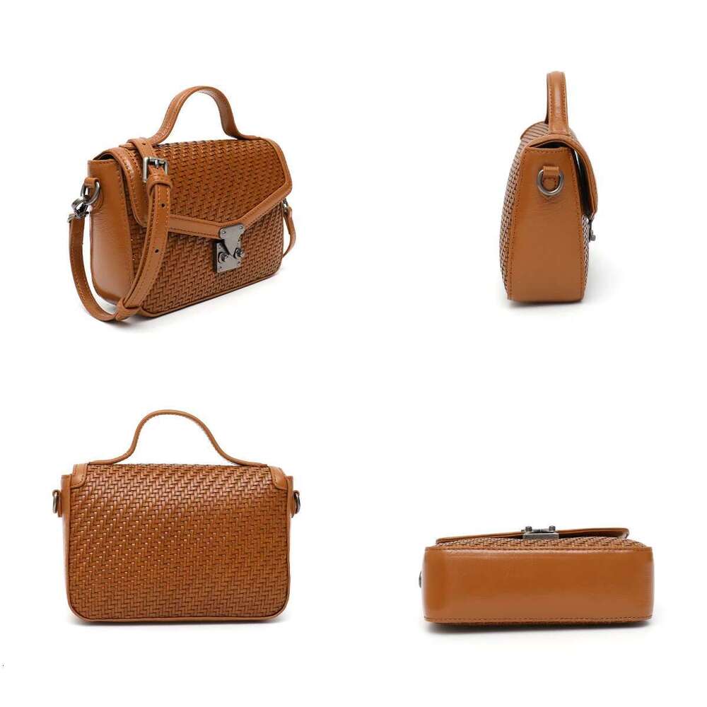 Women Handmade Woven Leather Messenger Bag Vintage Lock Flap Top-handle Square Purse Small Portable Cross body Shoulder Handbag