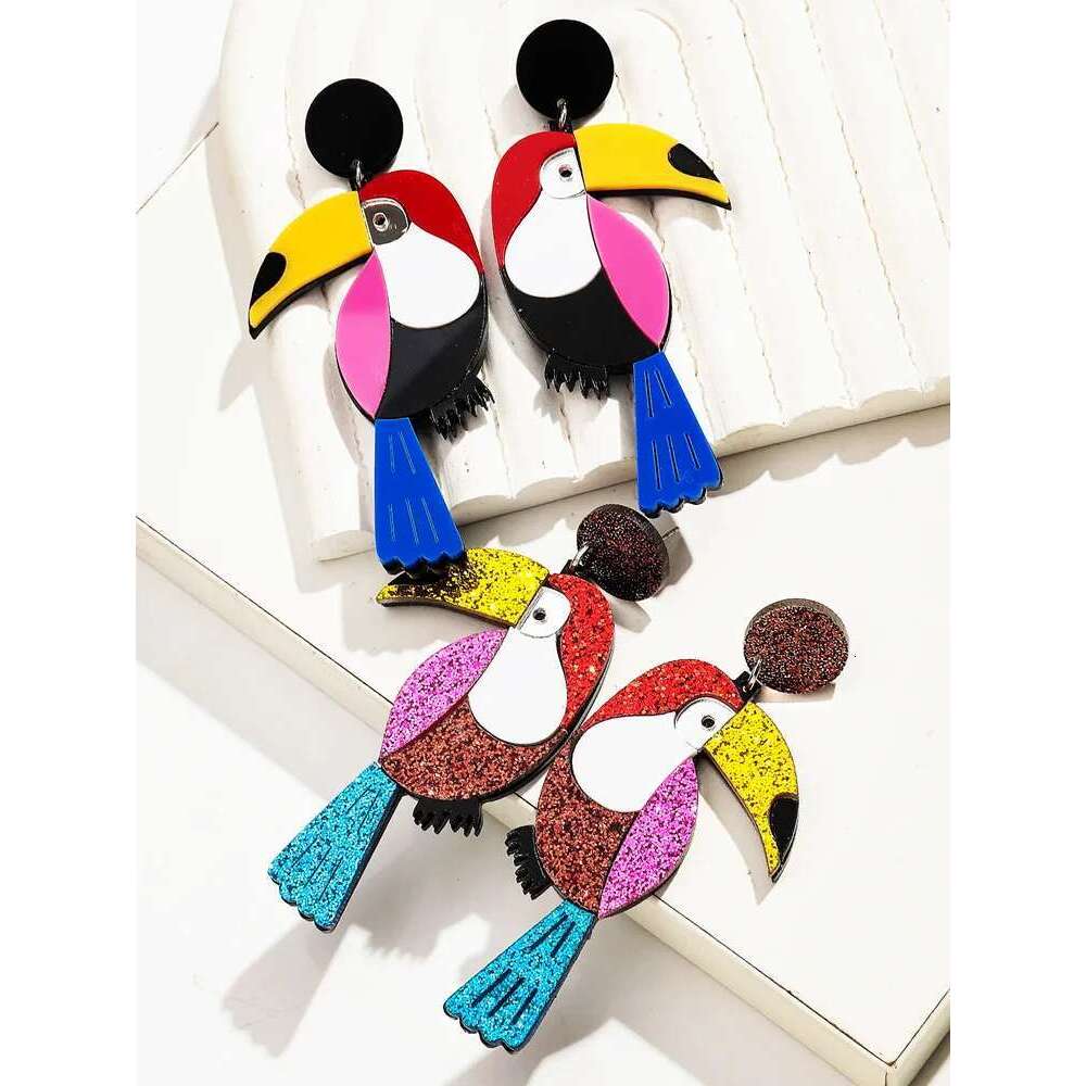 Lovely Glitter Acrylic Spliced Parrot Dangle For Women Creative Colorful Animal Birds Earrings 2024 Trend Jewelry
