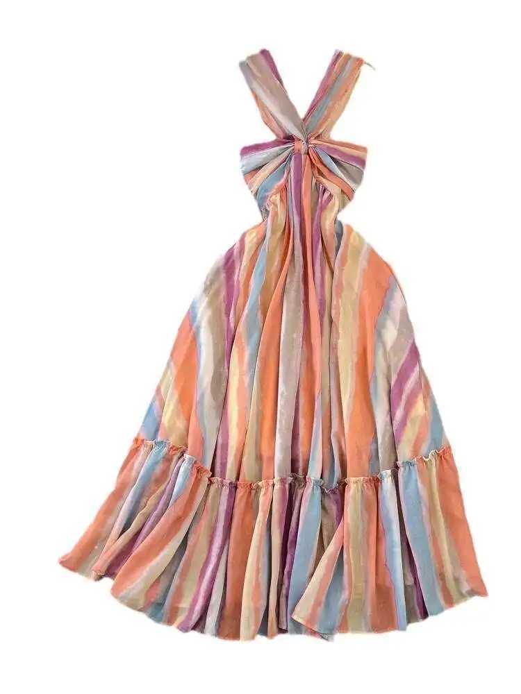 XPPV 2025 Summer New Fashion Strap Tie Dyeing Sleeveless High Waist A-line Swinging Loose Long Dress for Women SM1153 W250430