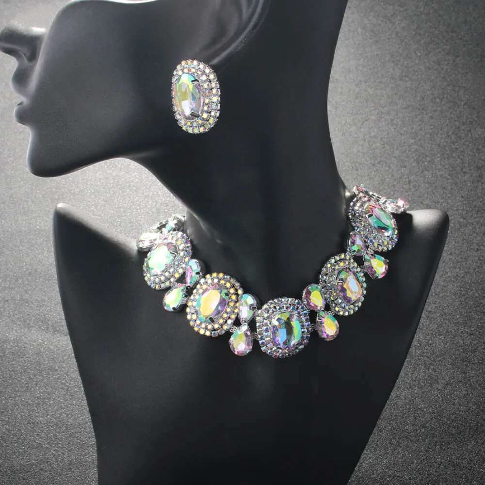 Elegant Boho Round Crystal Jewelry Piercing Wedding Gift For Bridal Bling Geometric Rhinestone Necklace Earring Set Party