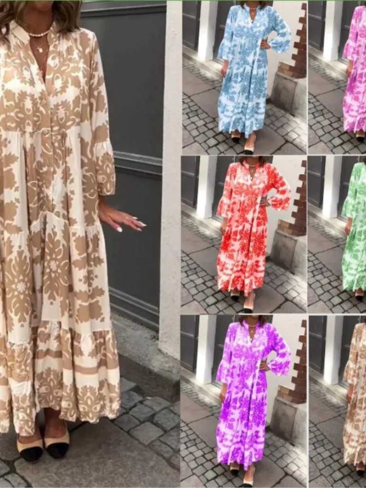 Elegant V-neck sparkling sleeves Bohemian long dress for women casual and loose autumn dress fashionable pattern printed button long party dress W2504