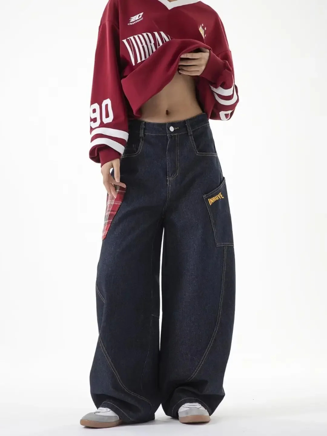 American style patchwork plain wash pants for women retro wide leg high waist pocket jeans for women hip-hop jeans for women 250423