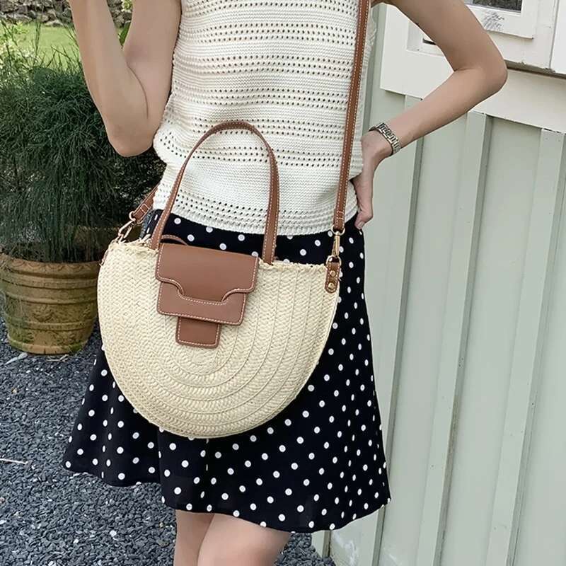 Round Straw Tote Women Fashion Woven Retro Hobo Boho Style Casual Shoulder Bags Summer Beach Bag Sac A Main Bag
