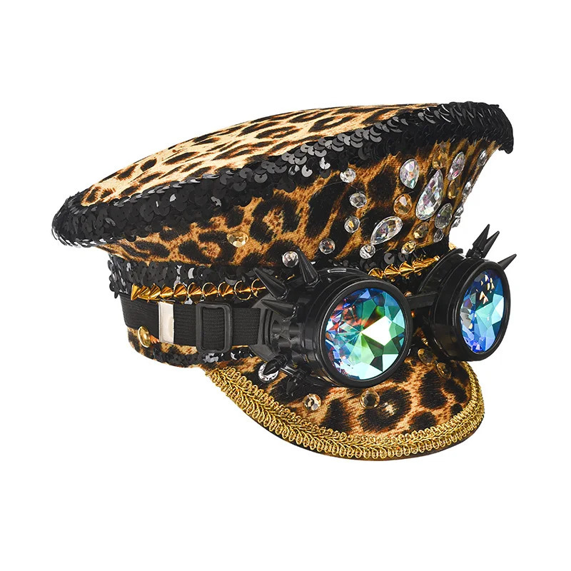 Womens Burning Man/Women Sequin Hats Cosplay Costume Retro Leopard with Glasses Fashion Men Women Handmade Steampunk Top Caps 250430