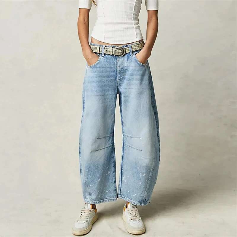 Wide Leg Woman Casual Loose Y2K Low Waist Pants Boyfriend Cropped Barrel Baggy With Pockets Denim Jeans