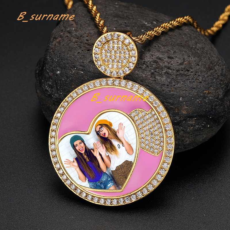 TUHE Jewelry Bling 40mm 18K Gold Plated Brass 5A Cubic Zirconia Round Shape Picture Pendant Necklace