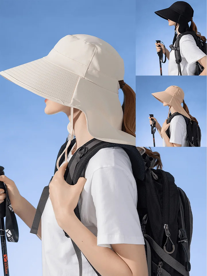 Summer Sun Hats For Women Wide Large Brim Ponytail Bucket Hat Outdoor Fishing Hiking UV Anti Neck Protect Shawl Visor Panama Cap 250430