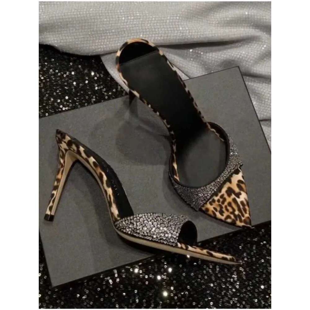 Leopard Printed Slip On Mules Shiny Crystal Thin Heeled Pointed Toe Pumps Stiletto Heels Party Women High Heel Shoes slippers