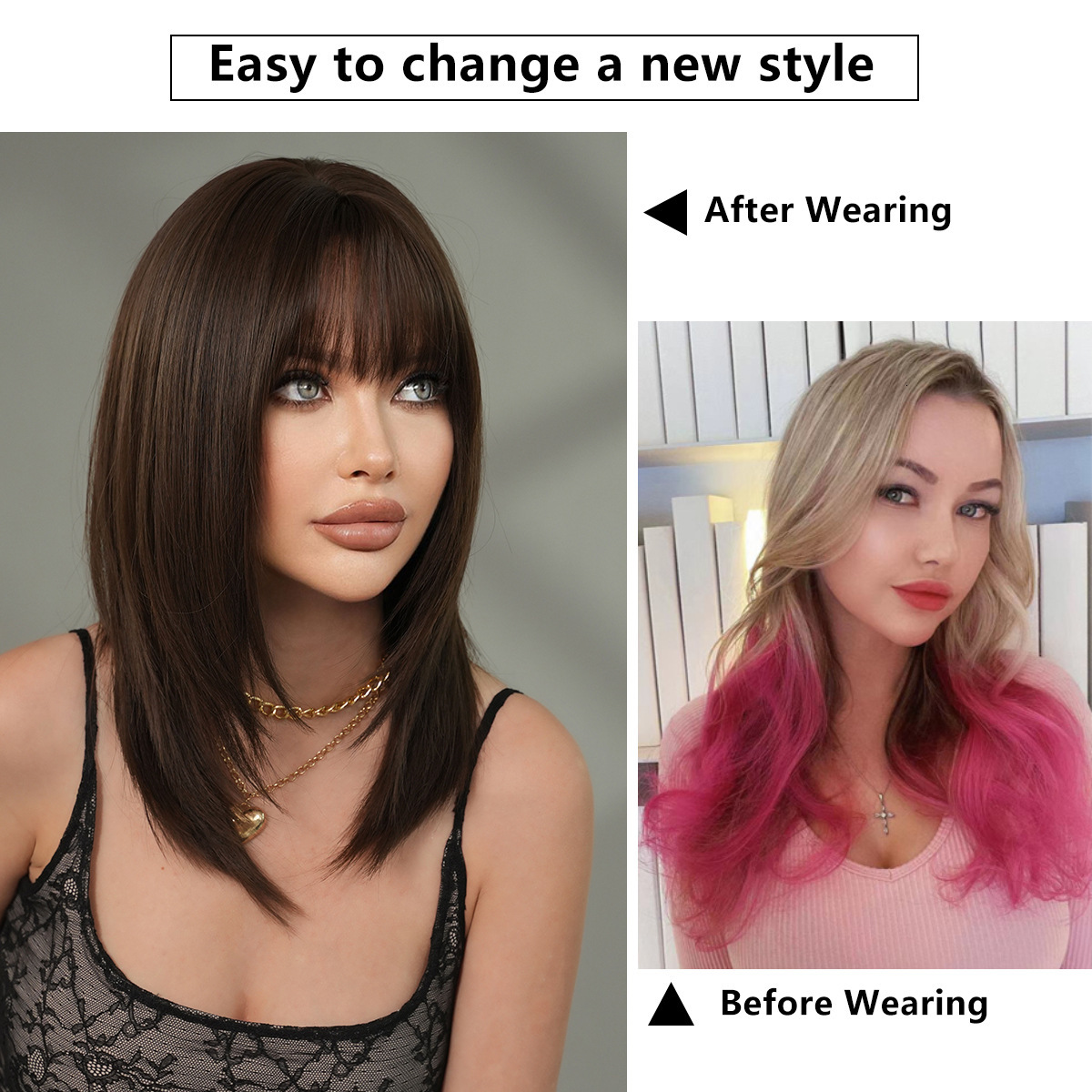 for Wig women chest length black brown high level straight hair air bangs medium to long high-quality wig full top
