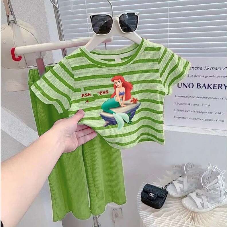 Baby Girl Striped Short Sleeved 2025 Summer New Cartoon Printed Western-Style Cool Wide Leg Pants Two-Piece Set For Children