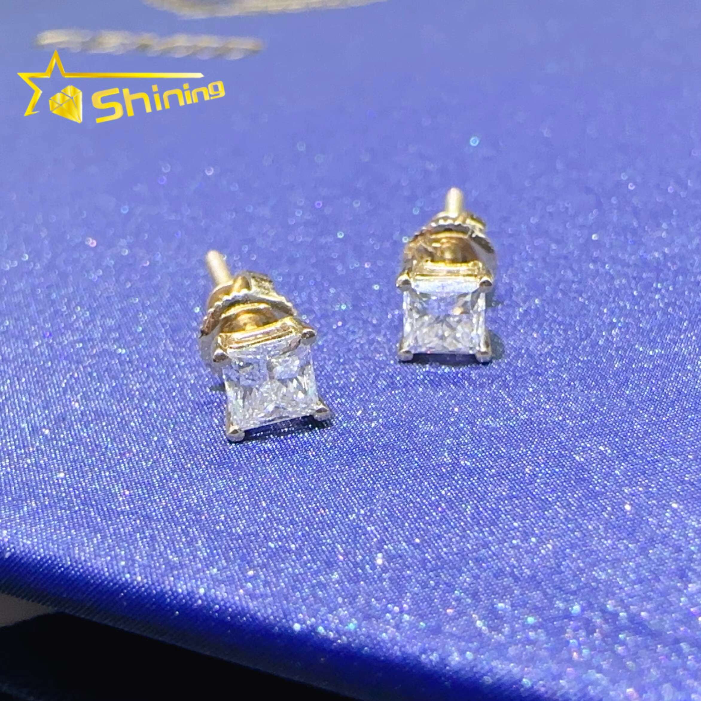 Real 14k Solid Gold Screw Back Earrings D Color Full Sizes Princess Cut Gold Moissanite Stud Earrings Luxury Jewelry