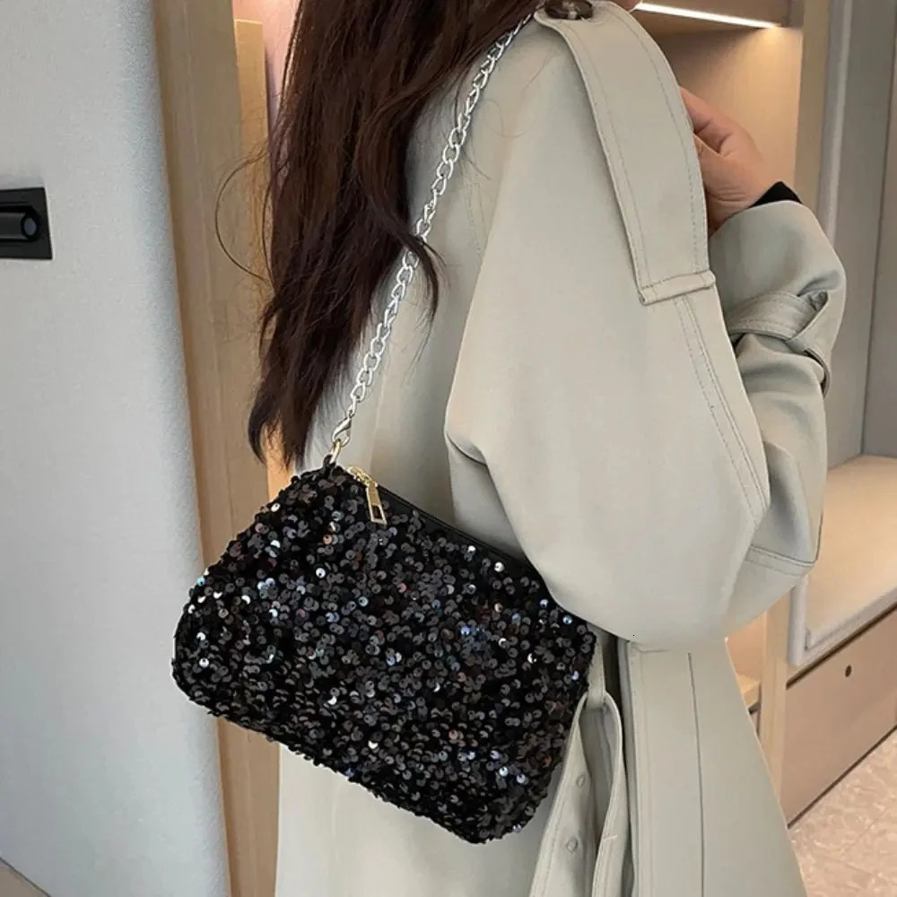 Solid color sequin cross body bag simple chain INS small square bag handbag armpit bag night clutch bag 250425