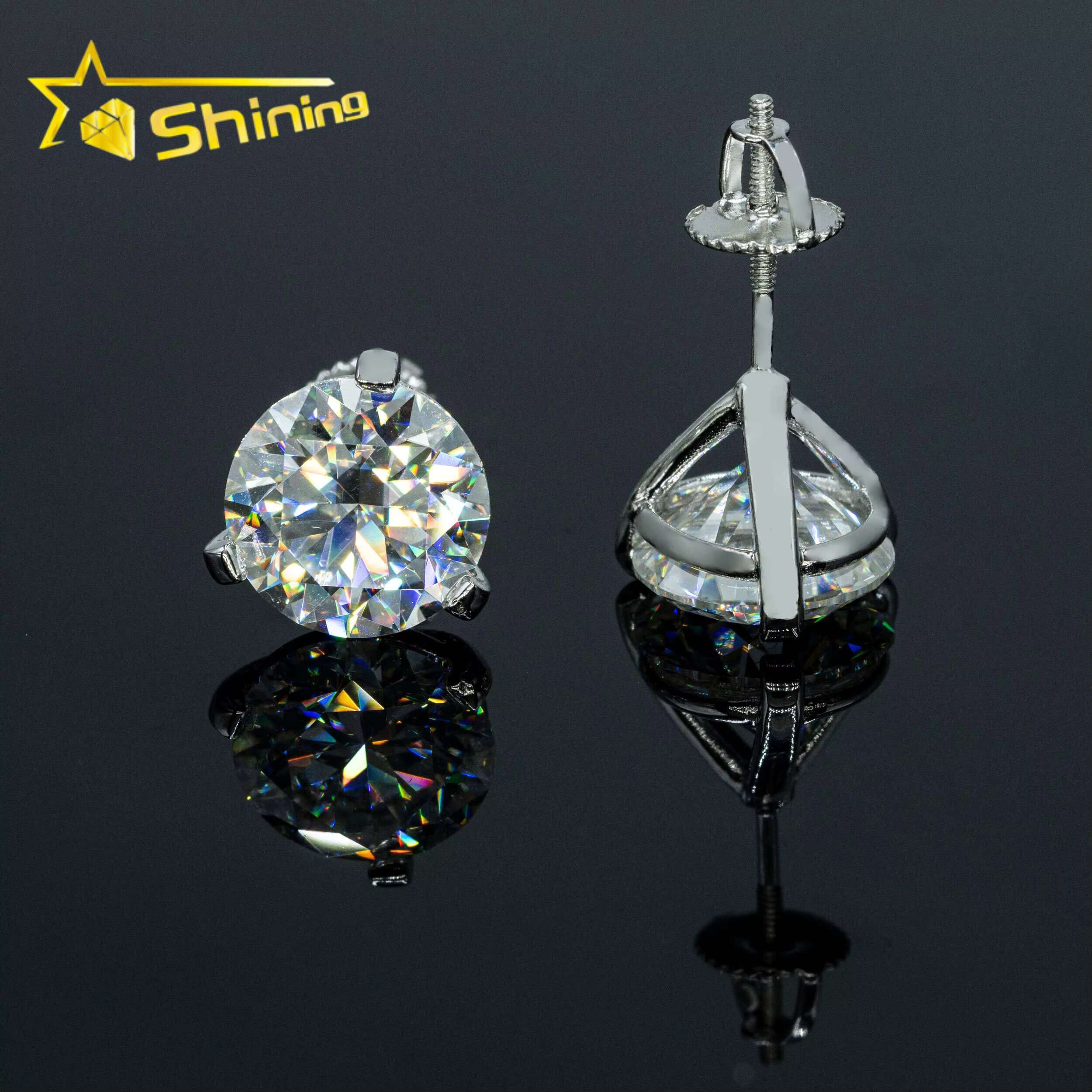 Luxury Stud Earrings 3 Prong Setting 8mm Vvs Diamond 925 Sterling Silver Screw Back Ear Stud for Men and Women