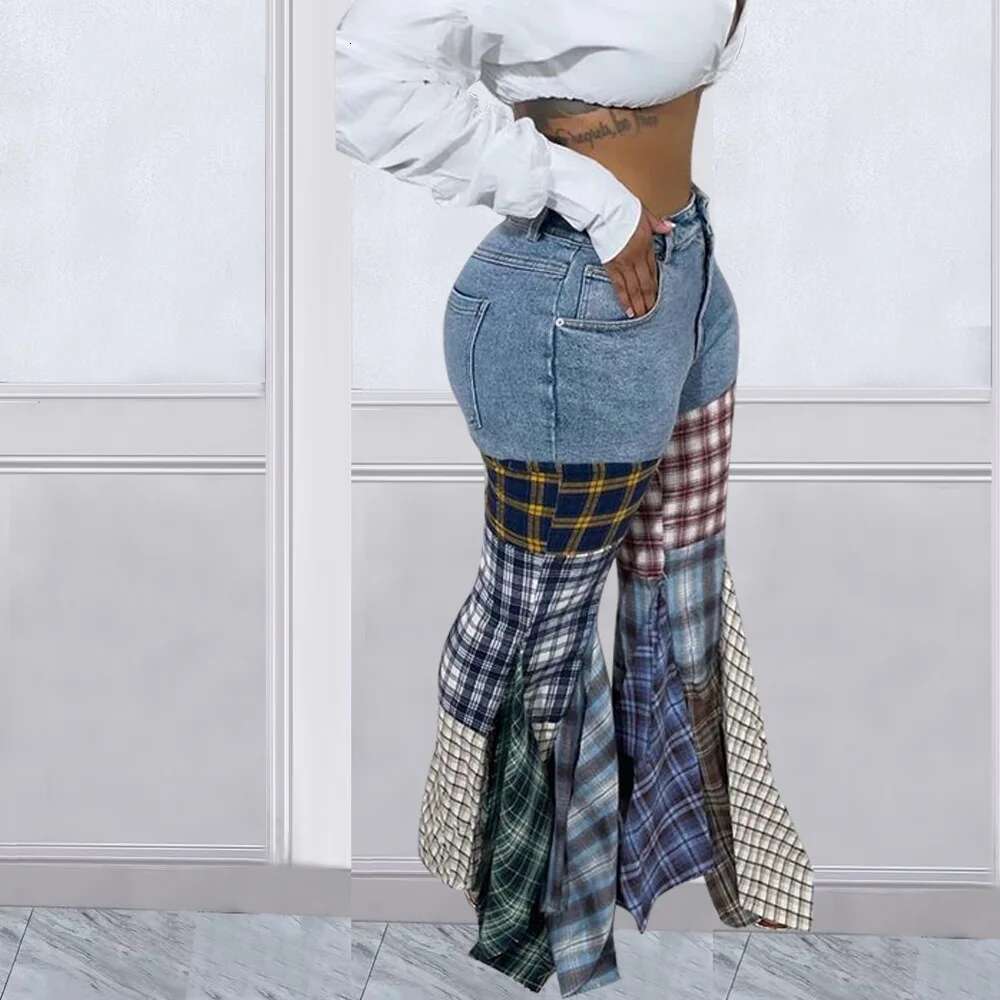 Women fashion Summer Fashion Spliced Houndstooth Denim Ruffle Edge Flared High Waist Jeans Pants Female Trousers Streetwear