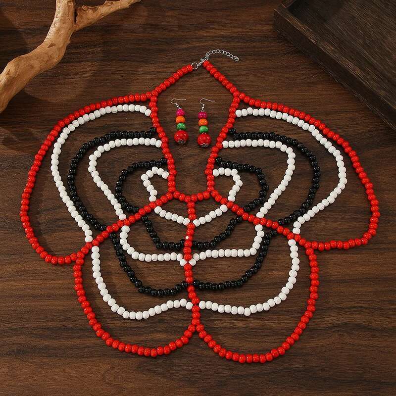 Ethnic Black White Red Butterfly Shape Necklace & Earrings Set Multi Layer Wooden Beads Wood Jewelry Sets For Women Girl